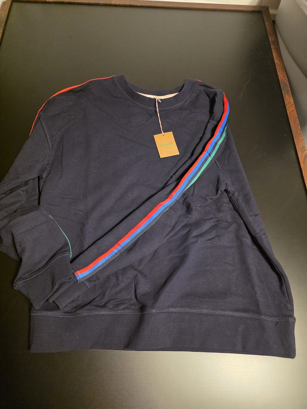Boden Navy Crewneck Sweater with Multicolor Stripe